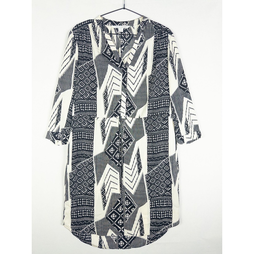 Diane Von Furstenberg Shirt Dress Womens 6 Black White Geometric Print Boho DVF